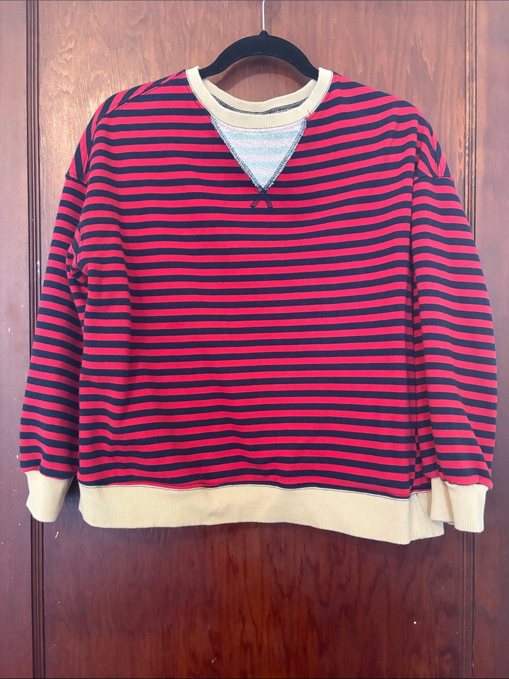 Women’s Red and Navy Striped Crewneck Sweatshirt with Khaki Trim